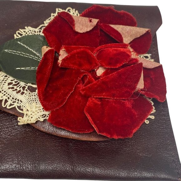Artisan Bag by Urban Heirlooms Brown Leather Velvet Lace Red Rose Accent Clutch - Picture 4 of 10